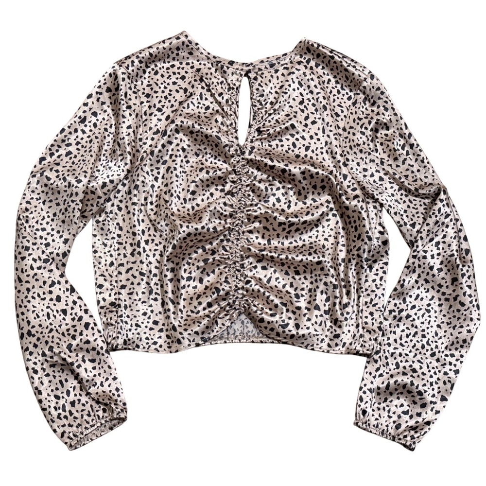 Moa Moa Women's L Large Cheetah Leopard Print Satin Ruched Front Cutout Blouse